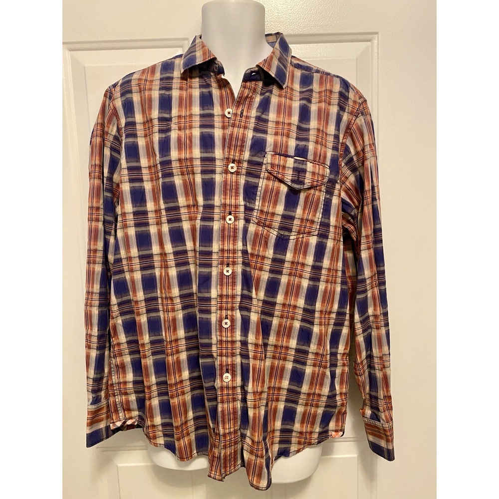 Men's Tommy Bahama Island Jeans Shirt Sz Large Blue Brown Plaid One Long Weekend